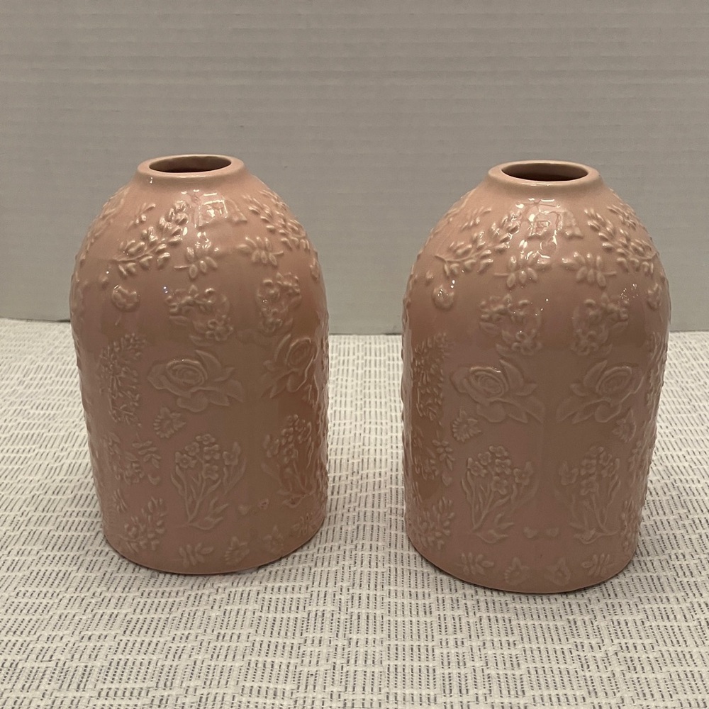 Unbranded Pink Embossed Floral Ceramic Vases - Set of 2